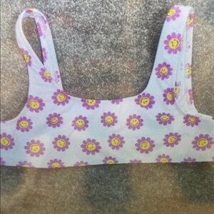 Girls' Floral Smiley Face Swim Top - Purple Daisy Print on Light Blue